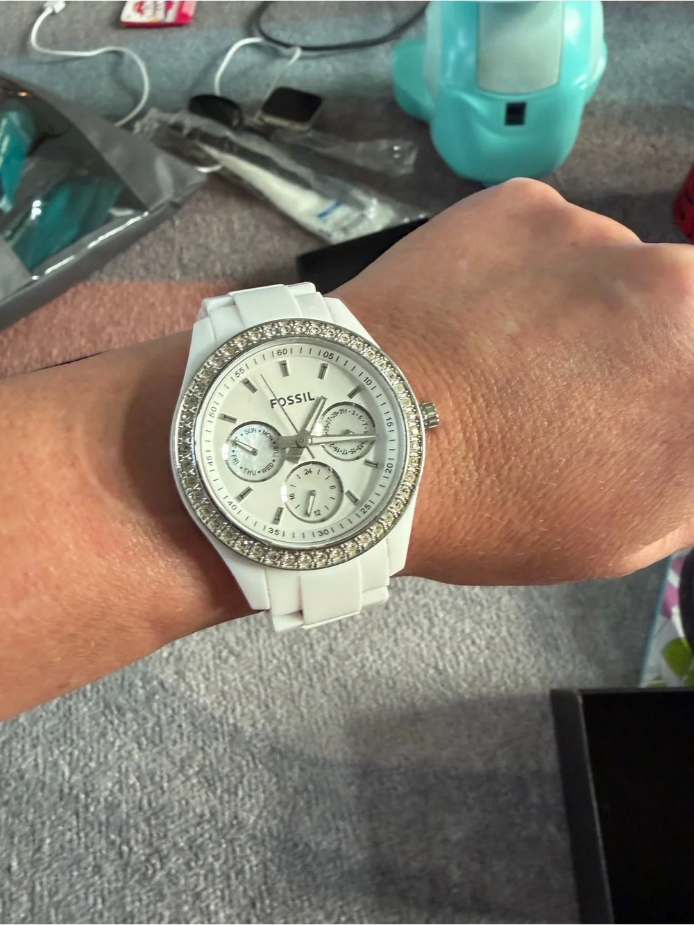 Fossil White Ceramic Watch with Crystal Bezel